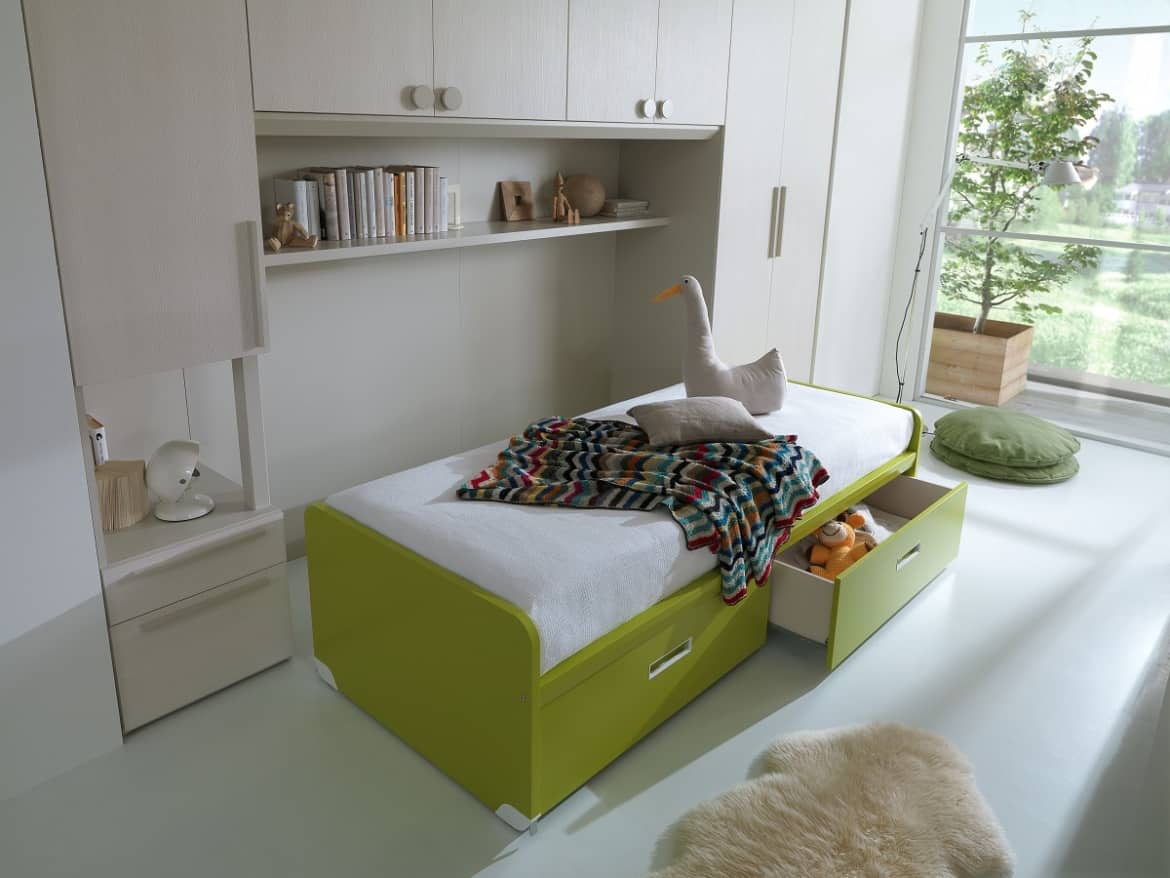 Camerette Dielle con comodino integrato BedSide: una nuova proposta in un originale colore verde muschio