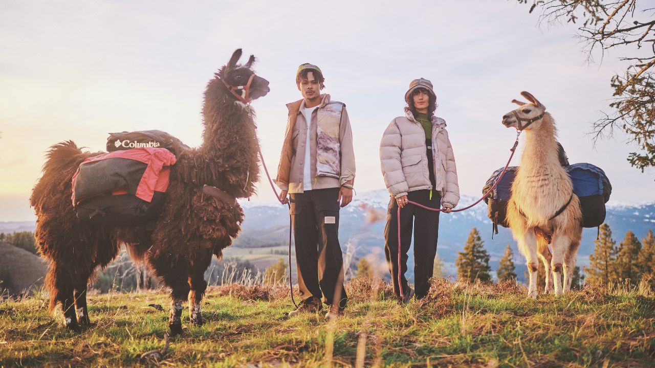Due persone in abbigliamento Columbia della collezione autunno 2024 accanto a due lama, con uno sfondo di montagne e natura al tramonto.