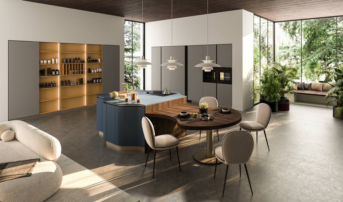Penelope di Aran Cucine unisce design e convivialità in una cucina elegante, fluida e funzionale, perfetta per le case contemporanee.